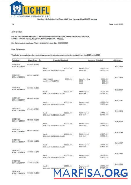 Printable India LIC Housing Finance statement of account word template